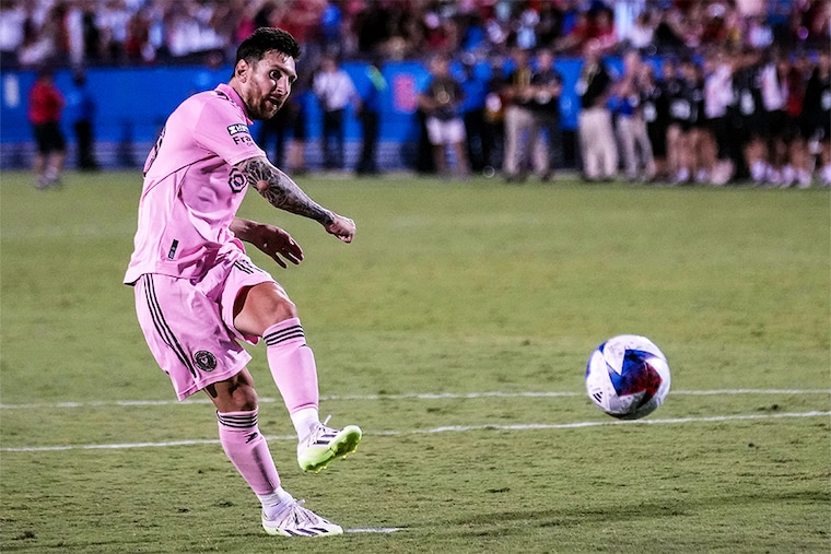 Lionel Messi #10 of Inter Miami CF makes his penalty kick attempt during the Leagues Cup 2023 Round of 16 match between Inter Miami CF and FC Dallas at Toyota Stadium on August 06, 2023 in Frisco, Texas.