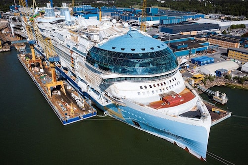 Royal Caribbean"s luxurious new vessel Icon of the Seas is nearing completion in the Turku shipyard on Finland"s southwestern coast, its maiden voyage scheduled for January 2024.
Image: Jonathan Nackstrand / AFP Royal Caribbean"s luxurious new vessel Icon of the Seas is nearing completion in the Turku shipyard on Finland"s southwestern coast, its maiden voyage scheduled for January 2024.
Image: Jonathan Nackstrand / AFP