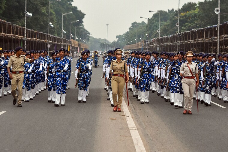 Female members of RAF (Rapid action force) of Kolkata police are seen during parade practice ahead of the 77th Independence Day celebrations in Kolkata, India, on August 9, 2023.