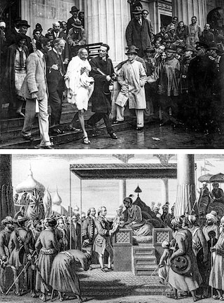 (Above) Indian Congress Leader Mahatma Gandhi leaves the Friends’ Meeting House in London after attending the Round Table Conference on Indian constitutional reform in 1931. (Below)
The defeated Mughal Emperor Shah Alam hands over ‘diwani’ to Governor Robert Clive, thus transferring the tax collecting rights in Bengal, Bihar and Orissa to the East India Company in 1758. Image: Douglas Miller/Getty Images Hulton Archive/Getty Images