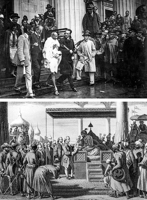 (Above) Indian Congress Leader Mahatma Gandhi leaves the Friends’ Meeting House in London after attending the Round Table Conference on Indian constitutional reform in 1931. (Below)
The defeated Mughal Emperor Shah Alam hands over ‘diwani’ to Governor Robert Clive, thus transferring the tax collecting rights in Bengal, Bihar and Orissa to the East India Company in 1758. Image: Douglas Miller/Getty Images Hulton Archive/Getty Images