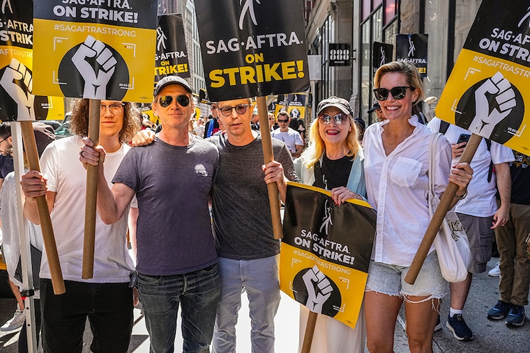 Billy Crudup, Sam Rockwell, Patricia Clarkson and Leslie Bibb join SAG-AFTRA members as they maintain picket lines across New York City on August 11, 2023 in New York City. Members of SAG-AFTRA and WGA (Writers Guild of America) have both walked out in their first joint strike against the studios since 1960. The strike has shut down a majority of Hollywood productions with writers in the third month of their strike against the Hollywood studios.