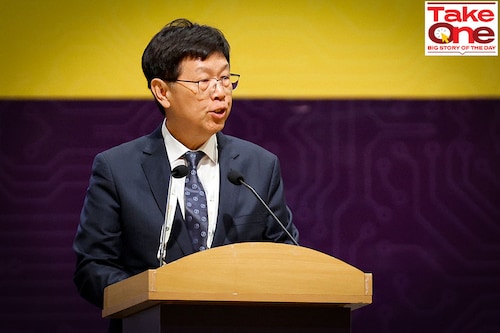 Foxconn Chairman Young Liu addresses the audience during the "SemiconIndia 2023", in Gandhinagar, India on July 28, 2023. Image: Amit Dave/ Reuters