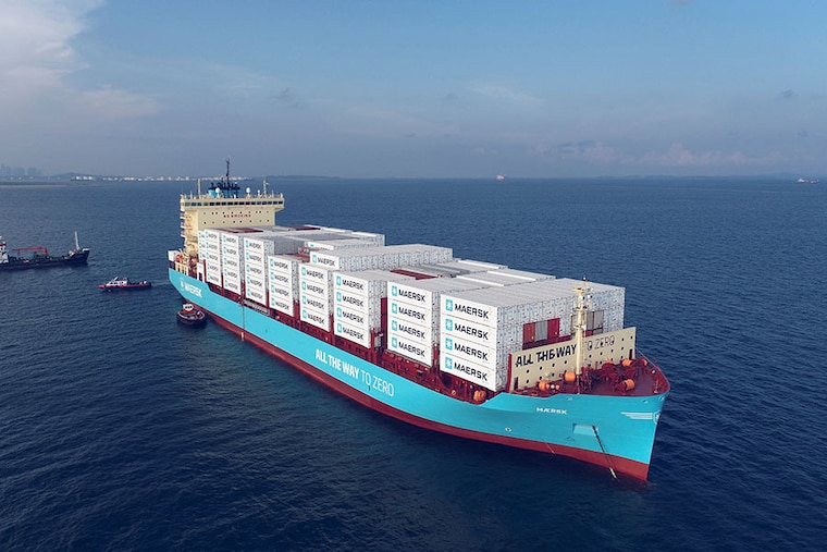 Danish shipping giant Maersk"s first green methanol-enabled container vessel is pictured in this handout image obtained by Reuters, August 21, 2023. Interest in methanol as an alternative fuel has grown in the shipping industry which seeks to achieve net-zero emissions by 2050, though it will take years for renewable methanol output to meet demand and for costs to fall.