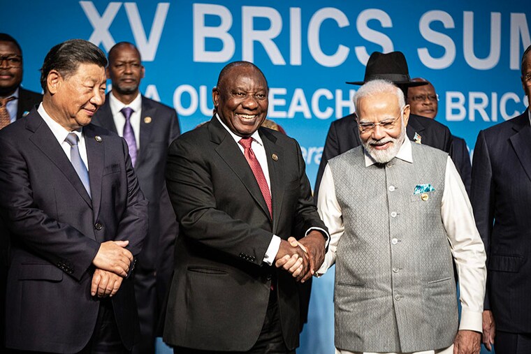 Prime Minister of India Narendra Modi poses for a photo with fellow BRICS leaders South African President Cyril Ramaphosa and President of China Xi Jinping on the closing day of The BRICS summit in Sandton, South Africa on August 24, 2023. Modi and Xi met on the sidelines of the Summit and agreed on early disengagement and de-escalation of military tensions along the borders at Ladakh.