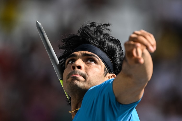India"s Neeraj Chopra competes in the men"s javelin throw qualification for group A during the World Athletics Championships at the National Athletics Centre in Budapest, Hungary on August 25, 2023. With a superb first throw of 88.77m, Neeraj entered the championships finals and qualified for 2024 Olympics.