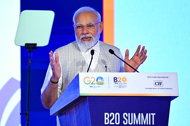 India"s Prime Minister Narendra Modi speaks during the third day of the three-day B20 Summit in New Delhi on August 27, 2023 Image: Sajjad Hussain/ AFP