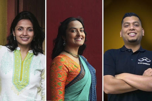 (L to R), Sucharita Mukherjee, CEO, Kaleidofin Shruti, CEO, ApnaKlub Arun Vinayak, CEO, Exponent Energy. Image: P Ravikumar SELVAPRAKASH LAKSHMANAN