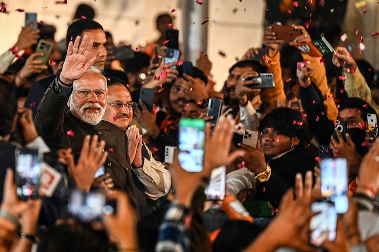 Prime minister, Narendra Modi, reached the BJP office to celebrate after winning the Madhya Pradesh, Rajasthan, Chhattisgarh assembly state elections, on December 3, 2023, in New Delhi, India.