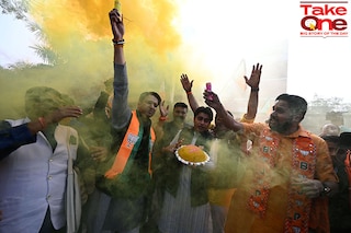 Bhartiya Janta Party (BJP) workers and supporters celebrate the victory of Madhya Pradesh, Rajasthan, Chhattisgarh assembly state elections outside BJP headquarter, on December 3, 2023 in New Delhi, India. 
Image: Salman Ali/Hindustan Times via Getty Images