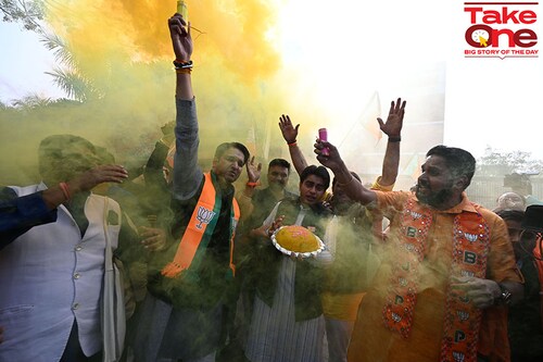 Bhartiya Janta Party (BJP) workers and supporters celebrate the victory of Madhya Pradesh, Rajasthan, Chhattisgarh assembly state elections outside BJP headquarter, on December 3, 2023 in New Delhi, India. 
Image: Salman Ali/Hindustan Times via Getty Images Bhartiya Janta Party (BJP) workers and supporters celebrate the victory of Madhya Pradesh, Rajasthan, Chhattisgarh assembly state elections outside BJP headquarter, on December 3, 2023 in New Delhi, India. 
Image: Salman Ali/Hindustan Times via Getty Images