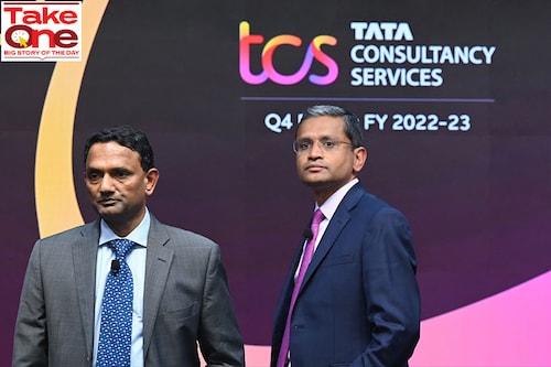 (File) Rajesh Gopinathan (R), chief executive and managing director of India"s largest software exporter Tata Consultancy Services (TCS) and  Krithi Krithivasan, CEO-designate, attends a news conference to announce company"s annual earnings results, in Mumbai on April 12, 2023. 
Image: Indranil Mukherjee / AFP (File) Rajesh Gopinathan (R), chief executive and managing director of India"s largest software exporter Tata Consultancy Services (TCS) and  Krithi Krithivasan, CEO-designate, attends a news conference to announce company"s annual earnings results, in Mumbai on April 12, 2023. 
Image: Indranil Mukherjee / AFP