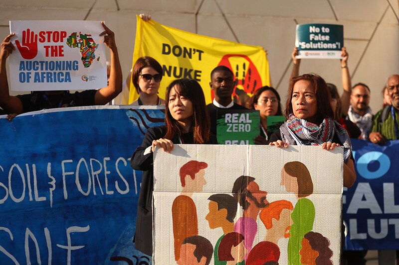 Activists protest on day eight of the UNFCCC COP28 Climate Conference at Expo City Dubai on December 08, 2023 in Dubai, United Arab Emirates. The COP28, which is running from November 30 through December 12, is bringing together stakeholders, including international heads of state and other leaders, scientists, environmentalists, indigenous peoples representatives, activists and others to discuss and agree on the implementation of global measures towards mitigating the effects of climate change.