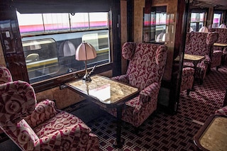 The interior of a newly-restored carriage of an Orient Express train displayed at the Gare de l"Est train station in Paris
Image: Christophe Archambault / AFP