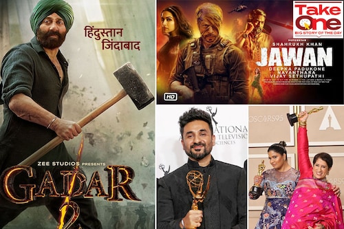 (Clockwise)Shah Rukh Khan’s Jawan in September, said to have collected Rs 1,145 at the global box office The Elephant Whisperers won the Best Documentary Short at the 95th Academy Awards stand-up comedian Vir Das won an Emmy for his Netflix special Vir Das: Landing and and Sunny Deol’s Gadar 2 earned Rs 691 crore.