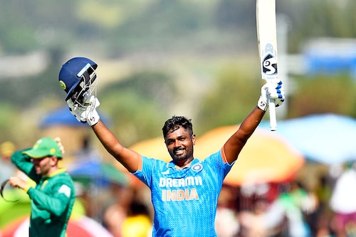 Sanju Samson celebrates after scoring a century during the third One Day International match between South Africa and India at Boland Park on December 21, 2023, in Paarl, South Africa. India won the ODI series 2-1.