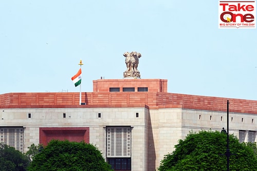 (File photo) The new Parliament building on the eve of a special session on September 17, 2023, in New Delhi, India.Image: Sanjeev Verma/Hindustan Times via Getty Images