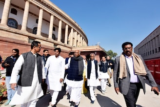 Leader of the Opposition in Rajya Sabha Mallikarjun Kharge, along with other opposition parties leaders walk out after both houses adjourned on the Adani issue during the ongoing Parliament Budget session, on February 2, 2023, in New Delhi, India.