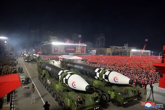 Intercontinental ballistic missiles (ICBM) are displayed during a military parade to mark the 75th founding anniversary of North Korea"s army, at Kim Il Sung Square in Pyongyang, North Korea February 8, 2023.