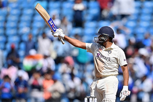 Indian men"s cricket team captain Rohit Sharma celebrates after scoring a century during the second day of the first Test cricket match between India and Australia at the Vidarbha Cricket Association (VCA) Stadium in Nagpur on February 10, 2023.