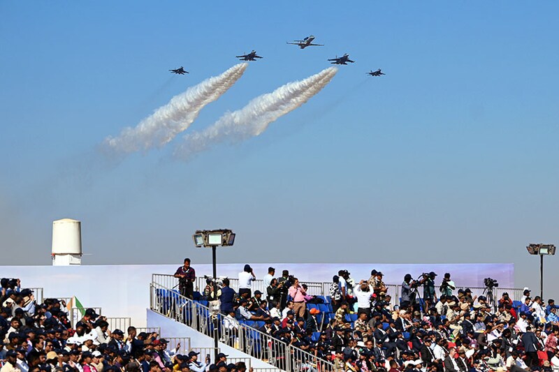 Indian Air Force fighter jets fly in formation during the inauguration ceremony of the Aero India 2023 at Air Force Station Yelahanka in Bengaluru, India, on Monday, February 13, 2023. The airshow event runs through February 17.