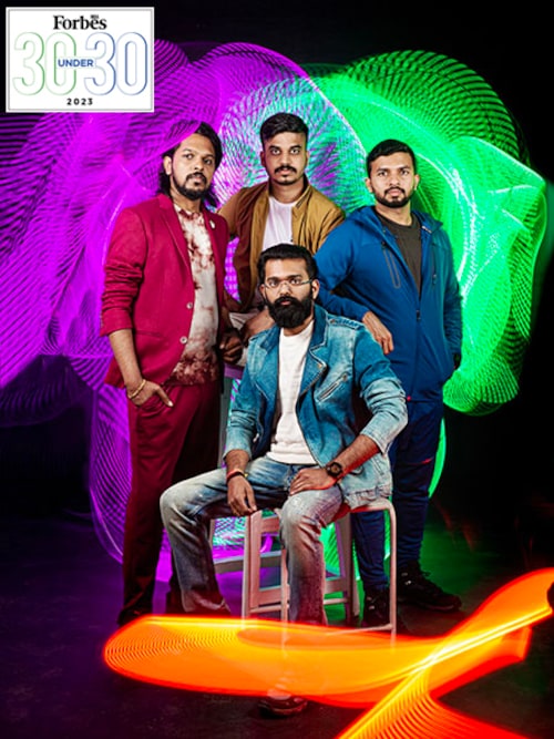 Genrobotics Co-founders (from left): Arun George, Vimal Govind MK, Rashid K, and Nikhil NP (seated) want to build robots to meet all clean-tech requirements
Image: Madhu Kapparath light painting: Kapil Kashyap Genrobotics Co-founders (from left): Arun George, Vimal Govind MK, Rashid K, and Nikhil NP (seated) want to build robots to meet all clean-tech requirements
Image: Madhu Kapparath light painting: Kapil Kashyap