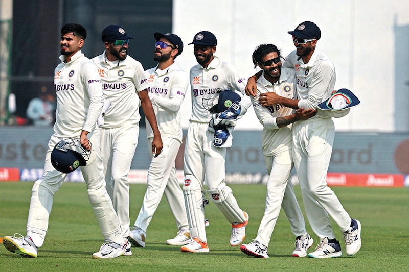 India"s Ravindra Jadeja (second from right) and teammates return to the pavilion after bowling out Australia in just 19.1 overs during the third day of the second Test cricket match between India and Australia at the Arun Jaitley Stadium in New Delhi on February 19, 2023. Player of the match Jadeja registered his best bowling figures in a test as India retained the Border-Gavaskar trophy for a record 4th straight time.