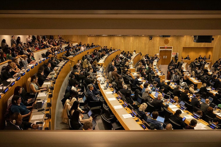 A general view shows an Intergovernmental Conference on an international, legally binding instrument, under the United Nations Convention, on the Law of the Sea on the conservation and sustainable use of marine biological diversity of areas beyond national jurisdiction, at the United Nations headquarters in New York City on February 20, 2023. UN member states on Monday launched two weeks of negotiations aimed at finally reaching a treaty meant to protect and preserve vast areas of the world"s oceans.