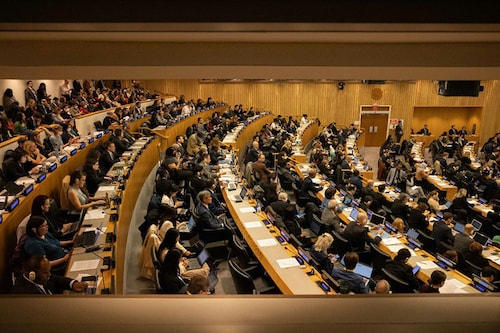 A general view shows an Intergovernmental Conference on an international, legally binding instrument, under the United Nations Convention, on the Law of the Sea on the conservation and sustainable use of marine biological diversity of areas beyond national jurisdiction, at the United Nations headquarters in New York City on February 20, 2023. UN member states on Monday launched two weeks of negotiations aimed at finally reaching a treaty meant to protect and preserve vast areas of the world"s oceans.