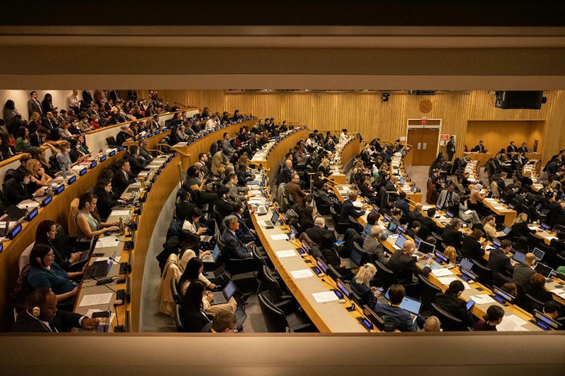 A general view shows an Intergovernmental Conference on an international, legally binding instrument, under the United Nations Convention, on the Law of the Sea on the conservation and sustainable use of marine biological diversity of areas beyond national jurisdiction, at the United Nations headquarters in New York City on February 20, 2023. UN member states on Monday launched two weeks of negotiations aimed at finally reaching a treaty meant to protect and preserve vast areas of the world"s oceans.