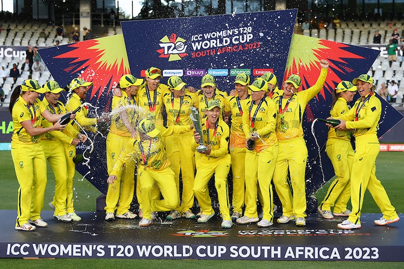 Meg Lanning of Australia lifts the ICC Women"s T20 World Cup following the ICC Women"s T20 World Cup final match between Australia and South Africa at Newlands Stadium on February 26, 2023, in Cape Town, South Africa.