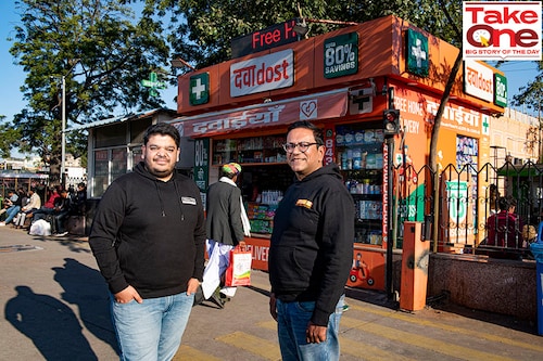 (L to R) Yash Harlalka Co-Founder at Dawa Dost and Amit Choudhary CEO and Co-Founder at Dawa Dost in front of a Dawa Dost medicine store located in the vicinity of Jaipur city’s main railway station. 4th January, Jaipur, Rajasthan. (L to R) Yash Harlalka Co-Founder at Dawa Dost and Amit Choudhary CEO and Co-Founder at Dawa Dost in front of a Dawa Dost medicine store located in the vicinity of Jaipur city’s main railway station. 4th January, Jaipur, Rajasthan.