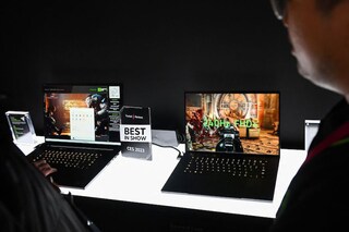 A Razer Blade 18 laptop (L) for video gaming is displayed at the Razer Inc. booth during the Consumer Electronics Show (CES) in Las Vegas, Nevada, on January 6, 2023. Image: Patrick T. Fallon / AFP