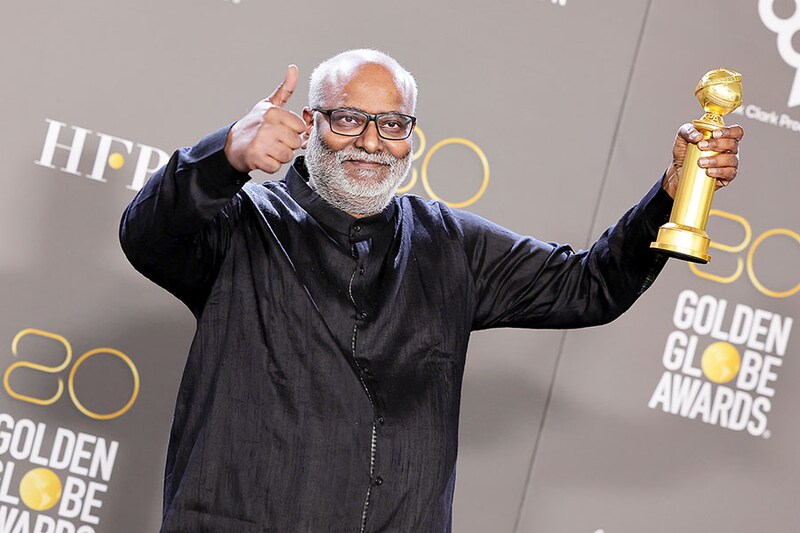 MM Keeravani poses with the Best Original Song award for "Naatu Naatu" in the superhit movie RRR in the press room during the 80th Annual Golden Globe Awards at The Beverly Hilton on January 10, 2023, in Beverly Hills, California.