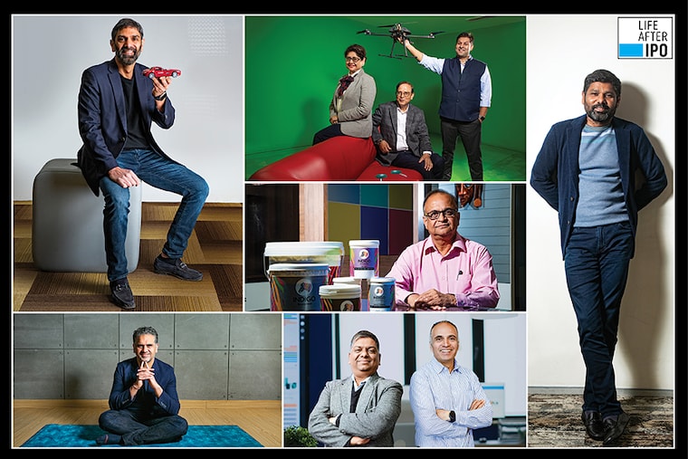 (Clockwise from left) Vinay Sanghi, chairman and managing director, CarTrade Tech Rashmi Verma, co-founder and CTO, Rakesh Verma, co-founder and CMD, and Rohan Verma, CEO and executive director, MapmyIndia Girish Mathrubootham, founder, FreshWorks Alok Bansal (left) and Yashish Dahiya of Policybazaar. Bhanu Chopra, chairman and managing director, RateGain&nbsp Hemant Jalan (centre), chairman and managing director, Indigo Paints<br>Images: (Clockwise from left)&nbsp Neha Mithbawkar for Forbes India,&nbsp Madhu Kapparath, Balaji Gangadharan for Forbes India, Amit Verma, Madhu Kapparath and (Centre) Gaurav Thombre