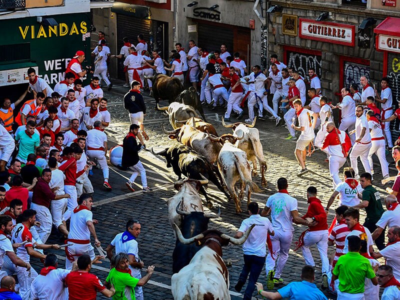 Participants run ahead of bulls during the "encierro" (bull run) of the San Fermin festival in Pamplona, northern Spain, on July 10, 2023. Thousands of people every year attend the week-long festival and its famous "encierros": six bulls are released at 8:00 am every day to run from their corral to the bullring through the narrow streets of the old town over an 850 meters (yard) course. At the same time, runners ahead of them try to stay close to the bulls without falling over or being gored.