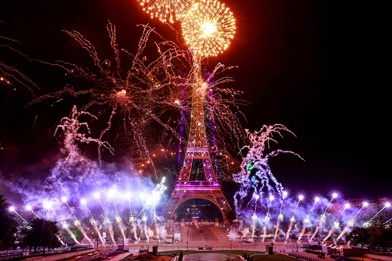 Fireworks explode around the Eiffel Tower during celebrations to mark Bastille Day, in Paris in France on July 14, 2023.