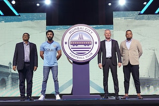 COO of City Football Group Roel de Vries (second from right), along with Mumbai City co-owners Bimal Parekh (extreme left) and Ranbir Kapoor (second from left), and CEO Kandarp Chandra (right) unveil Mumbai City"s new crest in Mumbai on Friday. Image: Mumbai City FC