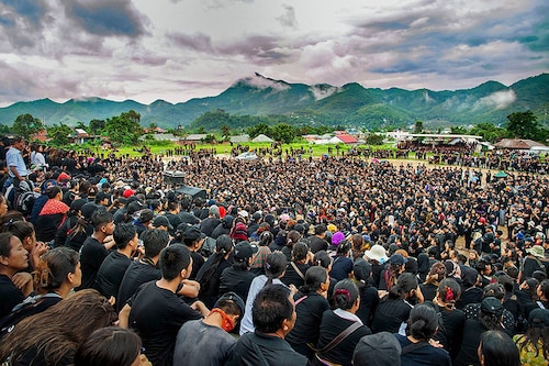 Members of the Indigenous Tribal Leaders’ Forum (ITLF) take part in a rally as a mark of protest against the violence in the state and the harrowing sexual assault against two tribal women that occurred on May 4 in Churachandpur district, Manipur, Thursday, July 20, 2023.