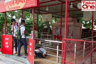 Students enter the Shri Das Hanuman Mandir in Rajiv Gandhi Nagar, Kota to offer prayers. Image: Kapil Kashyap