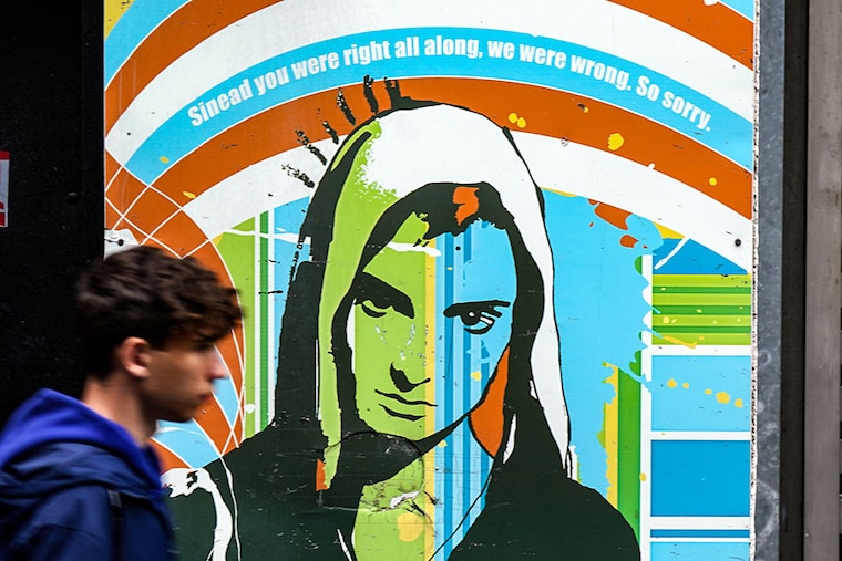 An artwork featuring Sinead O"Connor at the Hard Rock Cafe in Dublin on Wednesday, July 26, 2023. The Irish singer best known for her hit single Nothing Compares 2 U, has died aged 56.