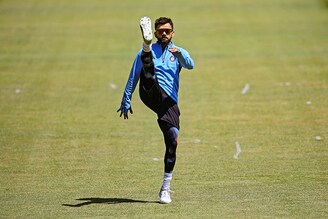 Virat Kohli warms up during India"s training session ahead of the ICC World Test Championship Final 2023 at Arundel Cricket Club on June 01, 2023, in Arundel, England.