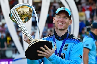 England"s captain Eoin Morgan poses with the World Cup trophy as England"s players celebrate their win after the 2019 Cricket World Cup final between England and New Zealand at Lord"s Cricket Ground in London on July 14, 2019. - England won the World Cup for the first time as they beat New Zealand in a Super Over after a nerve-shredding final ended in a tie at Lord"s on Sunday. Image: Glyn Kirk / AFP