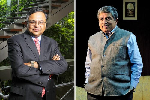 N Chandrasekaran (left), chairman of Tata Sons and Nandan Nilekani, Chairman, Infosys Image: N Chandrasekaran: Abhijit Bhatlekar/Mint via Getty Images Nilekani: Pradeep Gaur/Mint via Getty Images