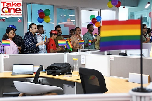 A file photo of Future Generali India Insurance staffers participating in a rainbow flag flash mob at their office, Mumbai, Maharashtra, June 17, 2022​. Image: Ashish Vaishnav/SOPA/LightRocket via Getty Images A file photo of Future Generali India Insurance staffers participating in a rainbow flag flash mob at their office, Mumbai, Maharashtra, June 17, 2022​. Image: Ashish Vaishnav/SOPA/LightRocket via Getty Images