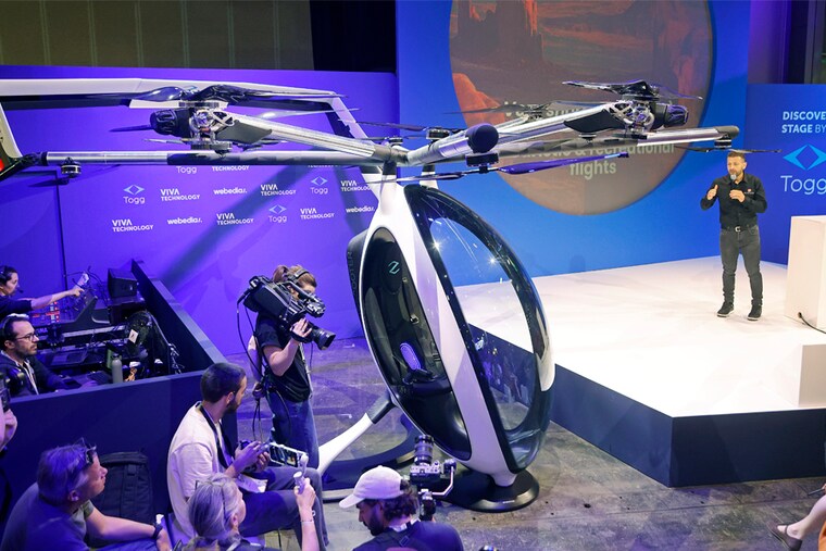 AirScooter, an advanced ultralight aircraft with a patented hybrid-electric propulsion system, is presented by inventor Franky Zapata, CEO of Zapata, during the Viva Technology conference, Europe"s premier tech show, on June 14, 2023, in Paris, France. The annual technology conference, also known as VivaTech, is dedicated to promoting innovation and startups.