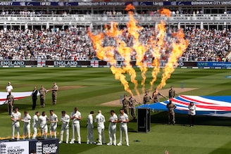 The Australian players stand for the national anthem during Day One of the LV= Insurance Ashes 1st Test match between England and Australia at Edgbaston on June 16, 2023 in Birmingham, England.