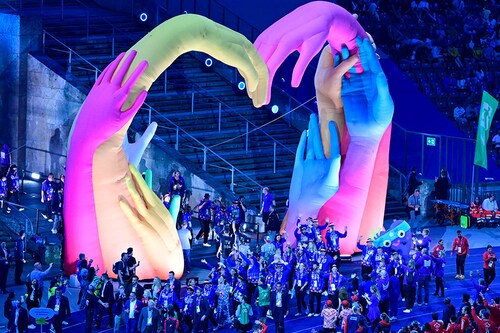 The delegation of the United States of America arrives in the stadium during the opening ceremony of the Special Olympics World Games at the Olympic Stadium in Berlin on June 17, 2023. Special Olympics is, according to the organisers, the world"s largest sports movement for people with intellectual disabilities