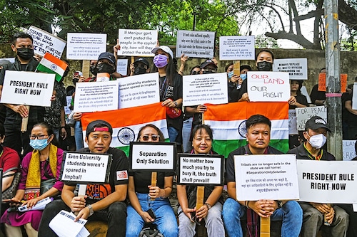 Members of the Kuki tribe hold Indian Flags and Placards in a protest against the killings of tribals in the North Eastern state of Manipur, in New Delhi, India on May 31, 2023 Image:Â Kabir Jhangiani/NurPhoto via Getty Images Members of the Kuki tribe hold Indian Flags and Placards in a protest against the killings of tribals in the North Eastern state of Manipur, in New Delhi, India on May 31, 2023 Image:Â Kabir Jhangiani/NurPhoto via Getty Images