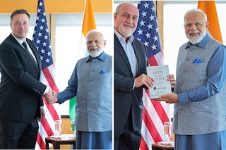 From left: Elon Musk and Professor Nassim Nicholas Taleb with Prime Minister Narendra Modi Images: Twitter